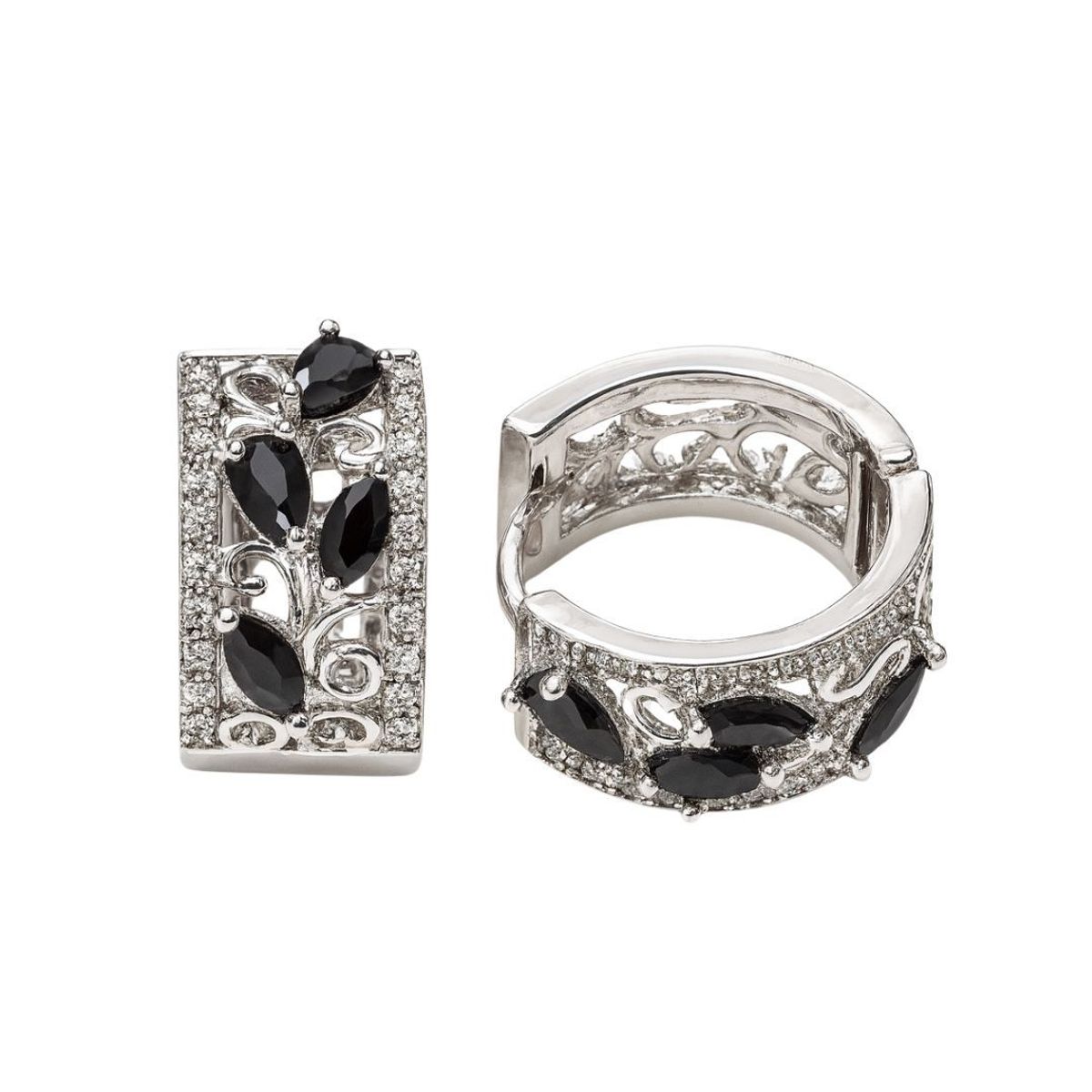JOYAS LANDEROS - Aros Argollas Pétalos Negros Enchapado en Rodio 18mm