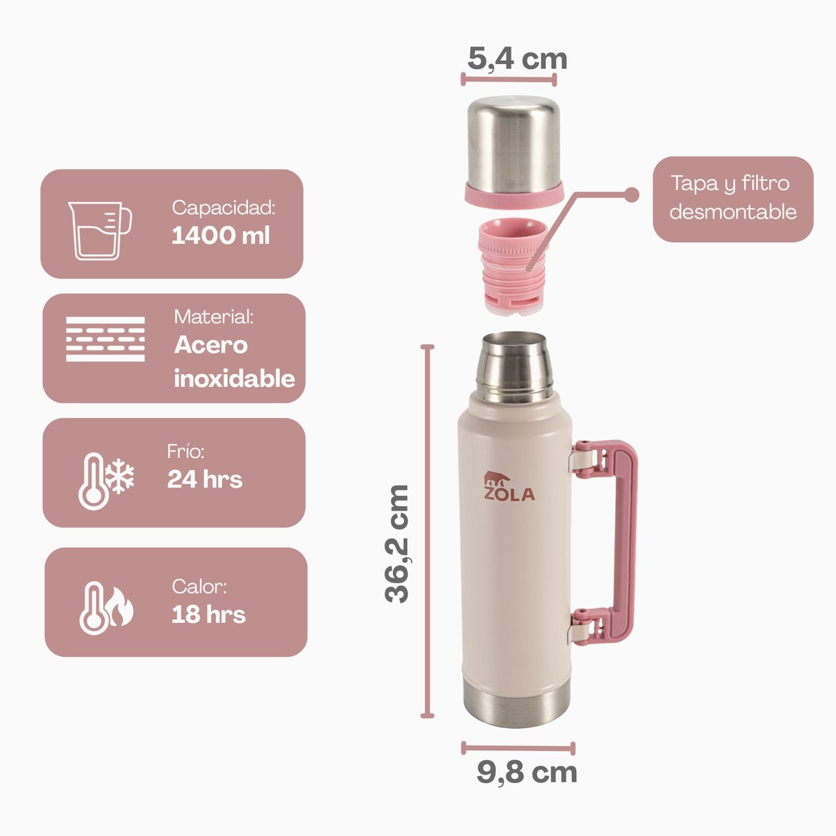ZOLA OUTDOORS - Termo Agua Caliente 1300 Ml Mate Acero Inoxidable Zola ROSADO