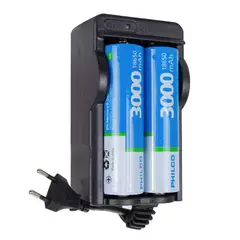 PHILCO - Cargador con 2 Baterías de Litio Recargables 18650 de 3000 mAh