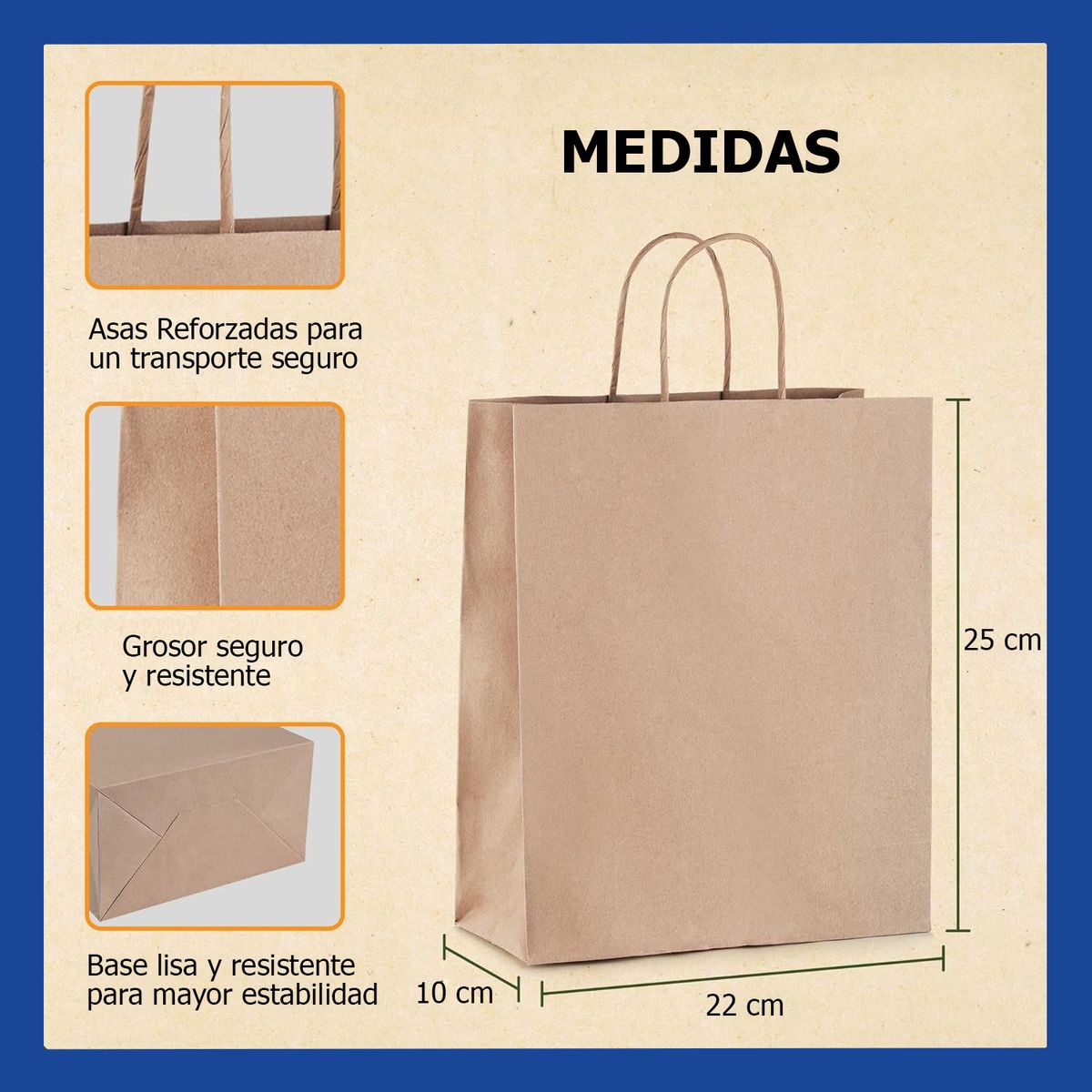 GENERICO - Bolsas De Papel Kraft 22x25 Con Manillas 50 Unidades