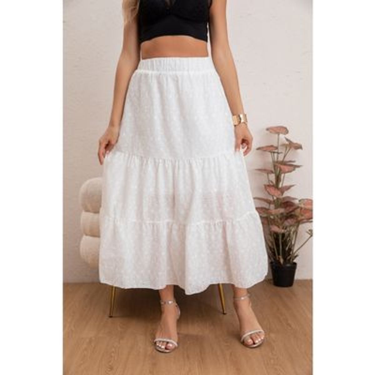 LIKE SHOP - Falda Larga Mujer Algodón Tiro Alto Broderie Encaje Bordado 0046