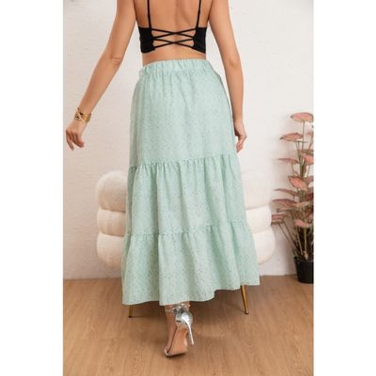 LIKE SHOP - Falda Larga Mujer Algodón Tiro Alto Broderie Encaje Bordado 0046