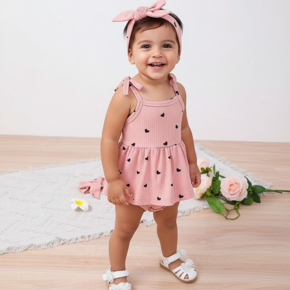 CHINA - Conjunto Para Niña De 2 Prendas Body Vestido Rosado Estampado Corazones + Lazo CJ060
