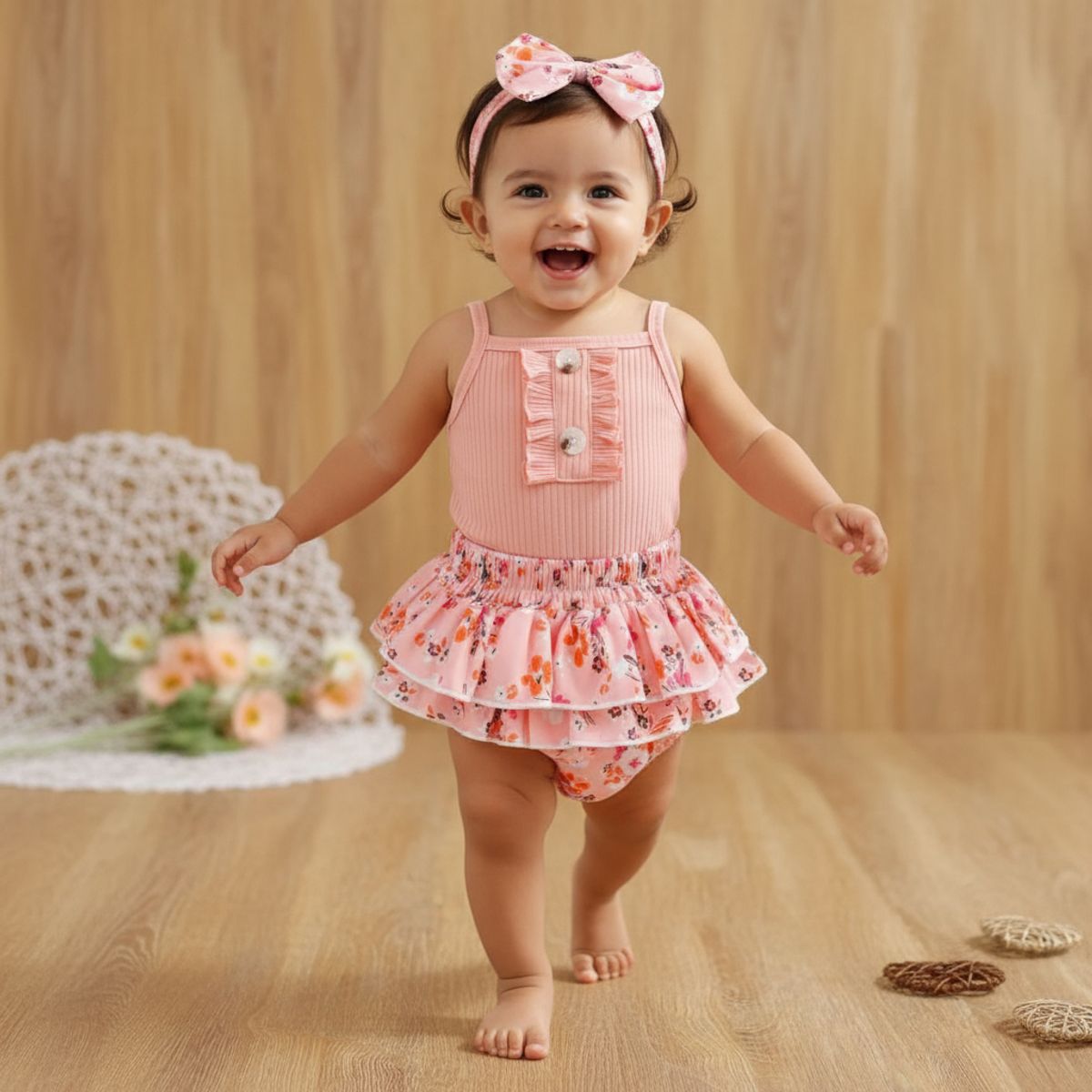 CHINA - Conjunto Para Niña De 3 Prendas Body Rosado Con Tirantes + Calzón Y Lazo Estampado Floral CJ062