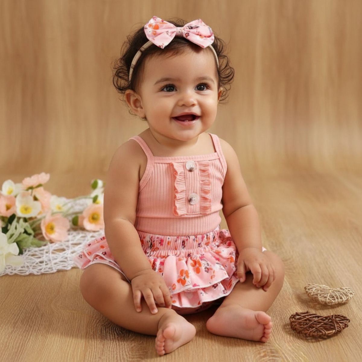 CHINA - Conjunto Para Niña De 3 Prendas Body Rosado Con Tirantes + Calzón Y Lazo Estampado Floral CJ062