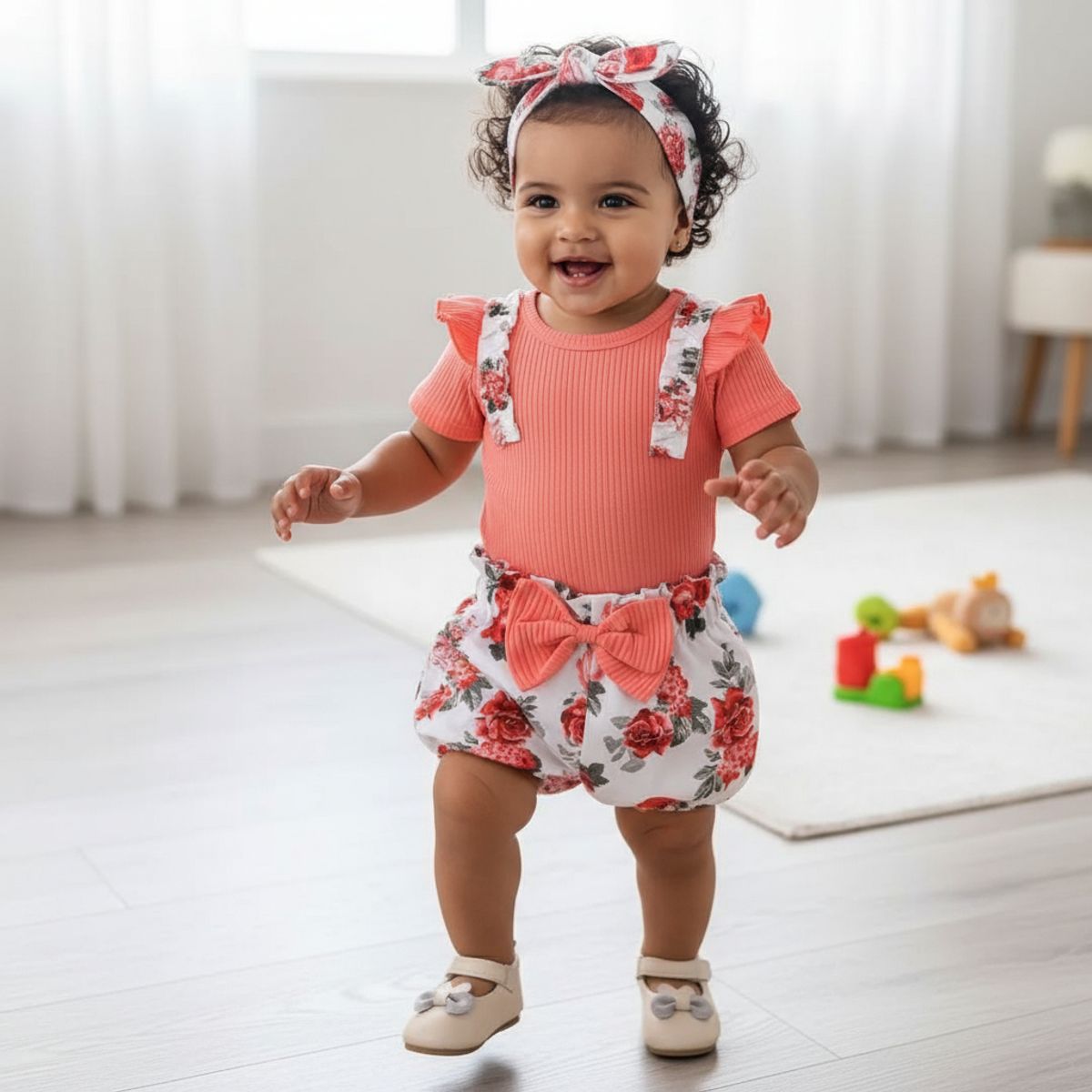 CHINA - Conjunto Para Niña De 3 Prendas Body Rosado Manga Corta + Short Y Lazo Estampado Rosas CJ063