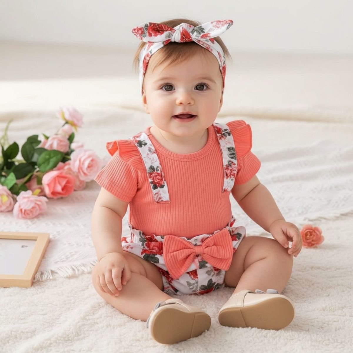 CHINA - Conjunto Para Niña De 3 Prendas Body Rosado Manga Corta + Short Y Lazo Estampado Rosas CJ063