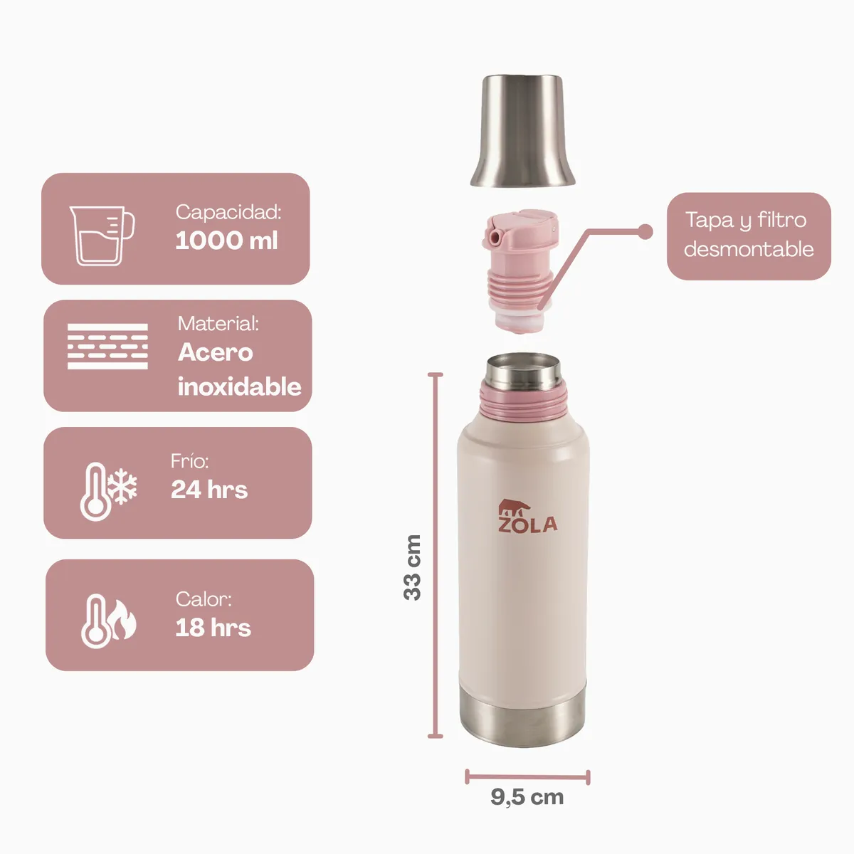 ZOLA OUTDOORS - Termo Mate ZOLA 1L Capacidad 1000 mL Diseño Liso ROSA