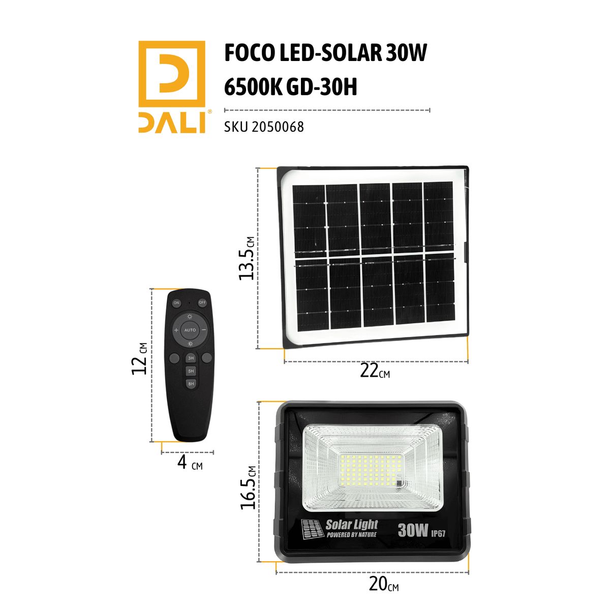 DALI - Foco LED Solar 30W 6500K GD-30H con Panel Solar