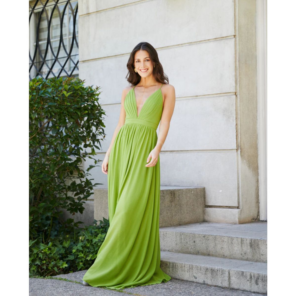 MI PLACARD - Vestido Largo de Fiesta Laura Gasa Verde Limón