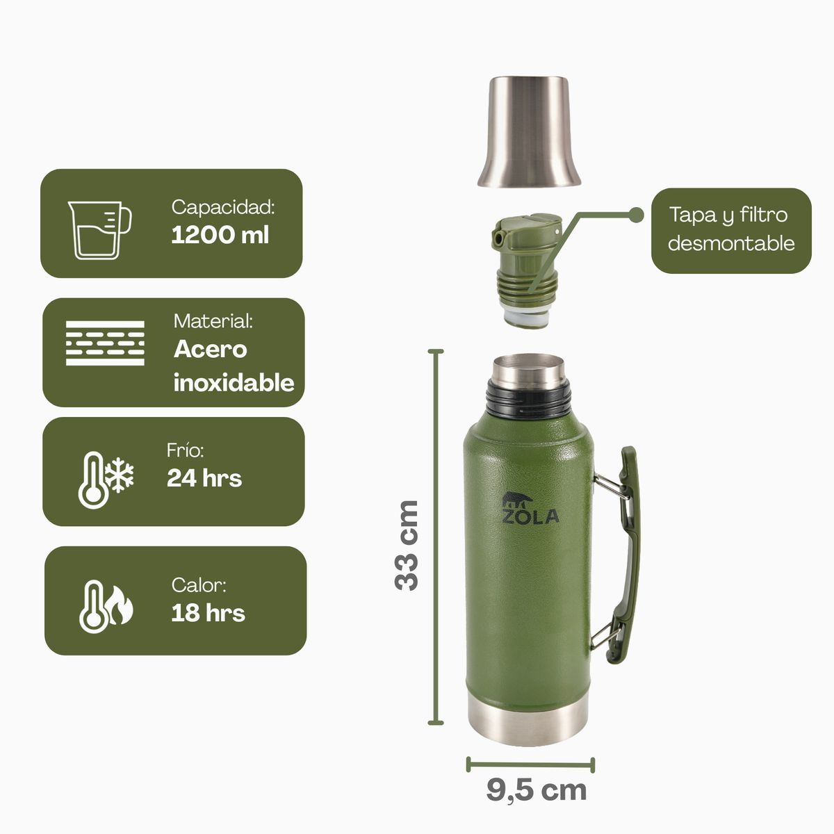 ZOLA OUTDOORS - Termo Mate Edition 1.2 Litros Pico Cebador Zola Acero Inox VERDE