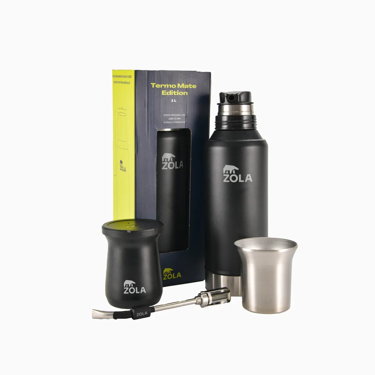 ZOLA OUTDOORS - Set de Mate Vaso + Bombilla + Termo 1000Ml Zola Outdoors Negro