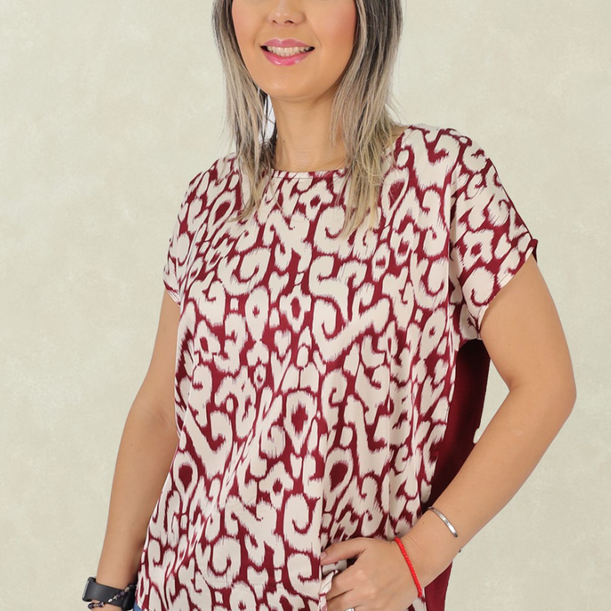 TENTATION - Top Seda Estampada Burdeo Tentation
