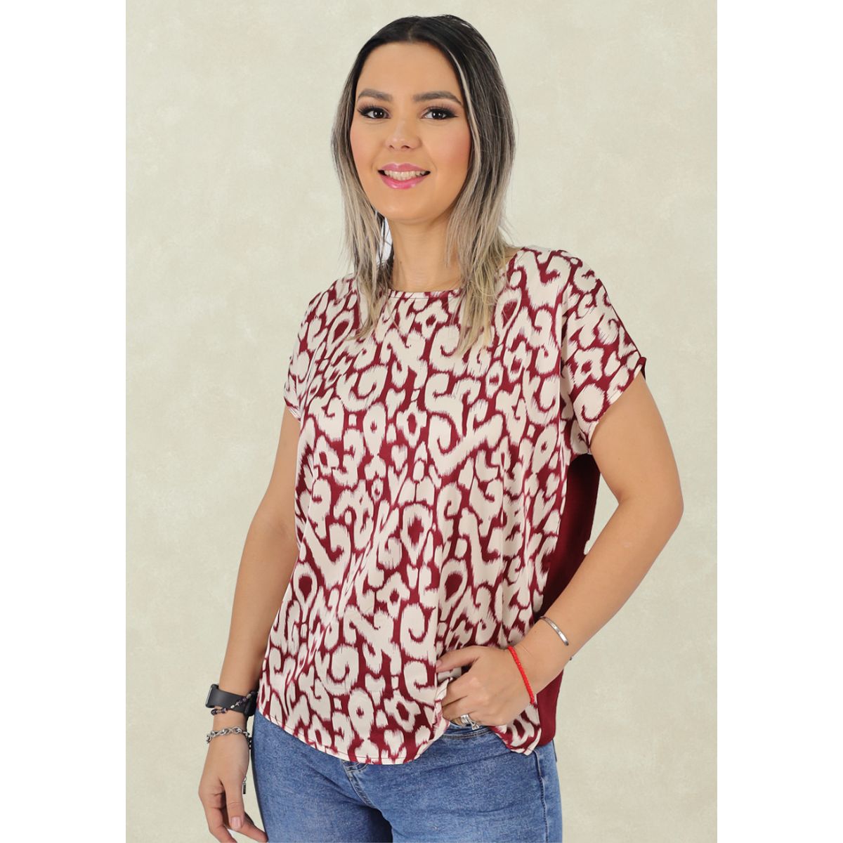 TENTATION - Top Seda Estampada Burdeo Tentation