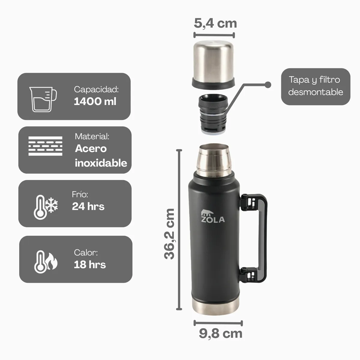 ZOLA OUTDOORS - Set de Mate Vaso + Bombilla + Termo 1400Ml Zola Outdoors Negro