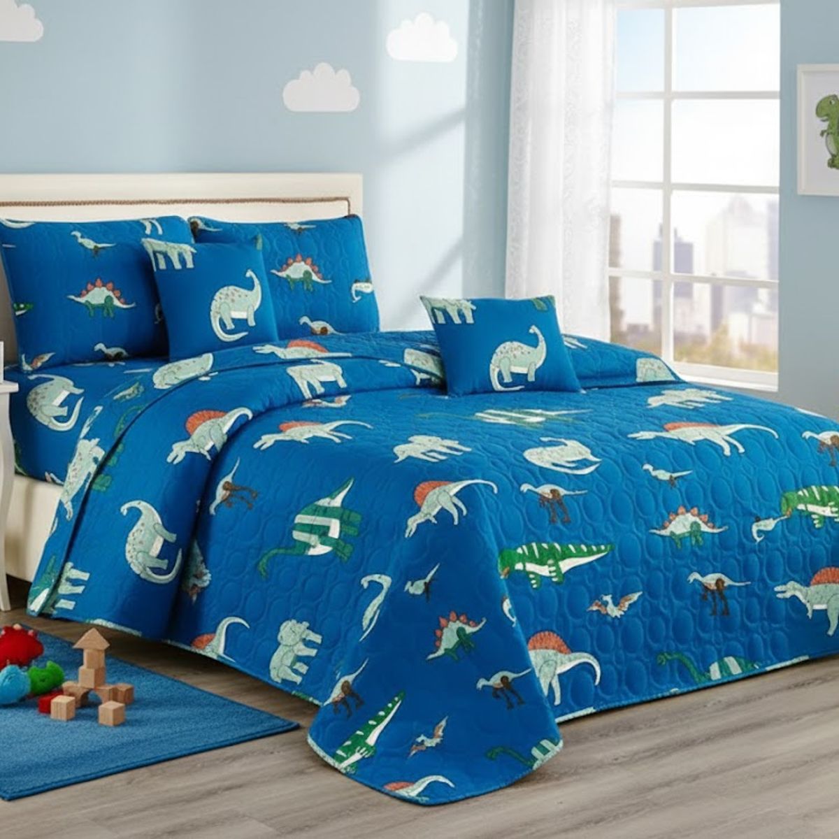 GENERICO - CUBRECAMA DE NIÑO QUILT DE VERANO DELGADO DISEÑO AZUL DINOSAURIO 1.5 PLAZA 180cm X 230cm GS
