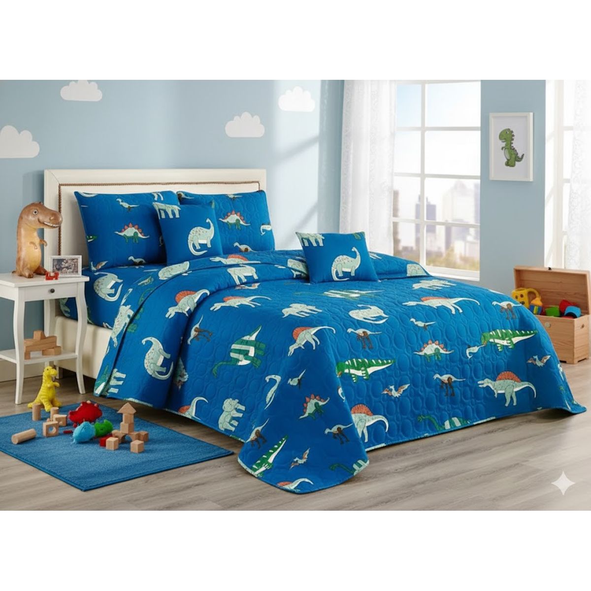 GENERICO - CUBRECAMA DE NIÑO QUILT DE VERANO DELGADO DISEÑO AZUL DINOSAURIO 1.5 PLAZA 180cm X 230cm GS