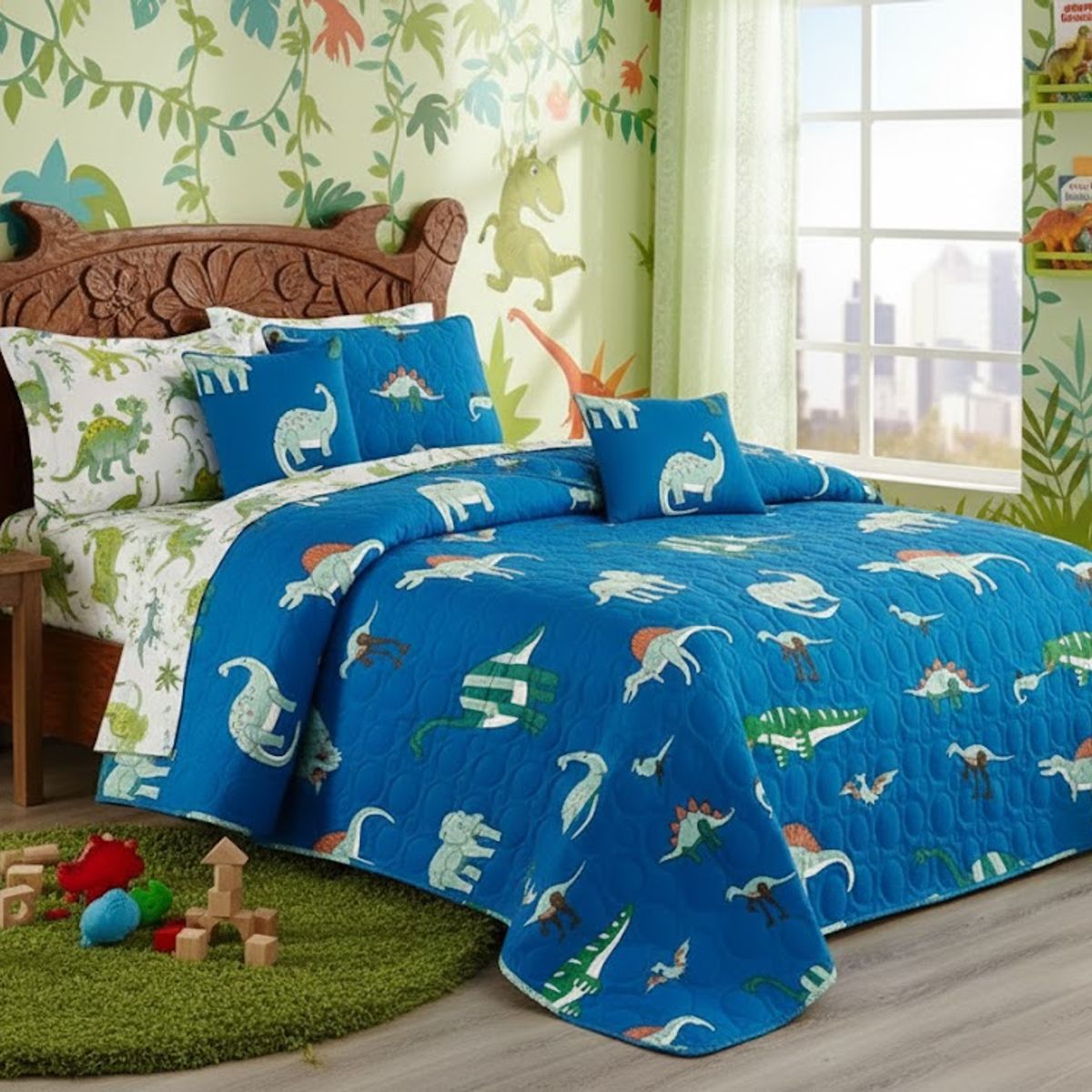 GENERICO - CUBRECAMA DE NIÑO QUILT DE VERANO DELGADO DISEÑO AZUL DINOSAURIO 1.5 PLAZA 180cm X 230cm GS