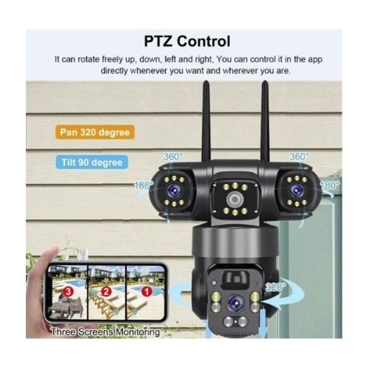 DOPA - Camara Triple Exterior Wifi Solar Con Sensor De Movimiento Negro