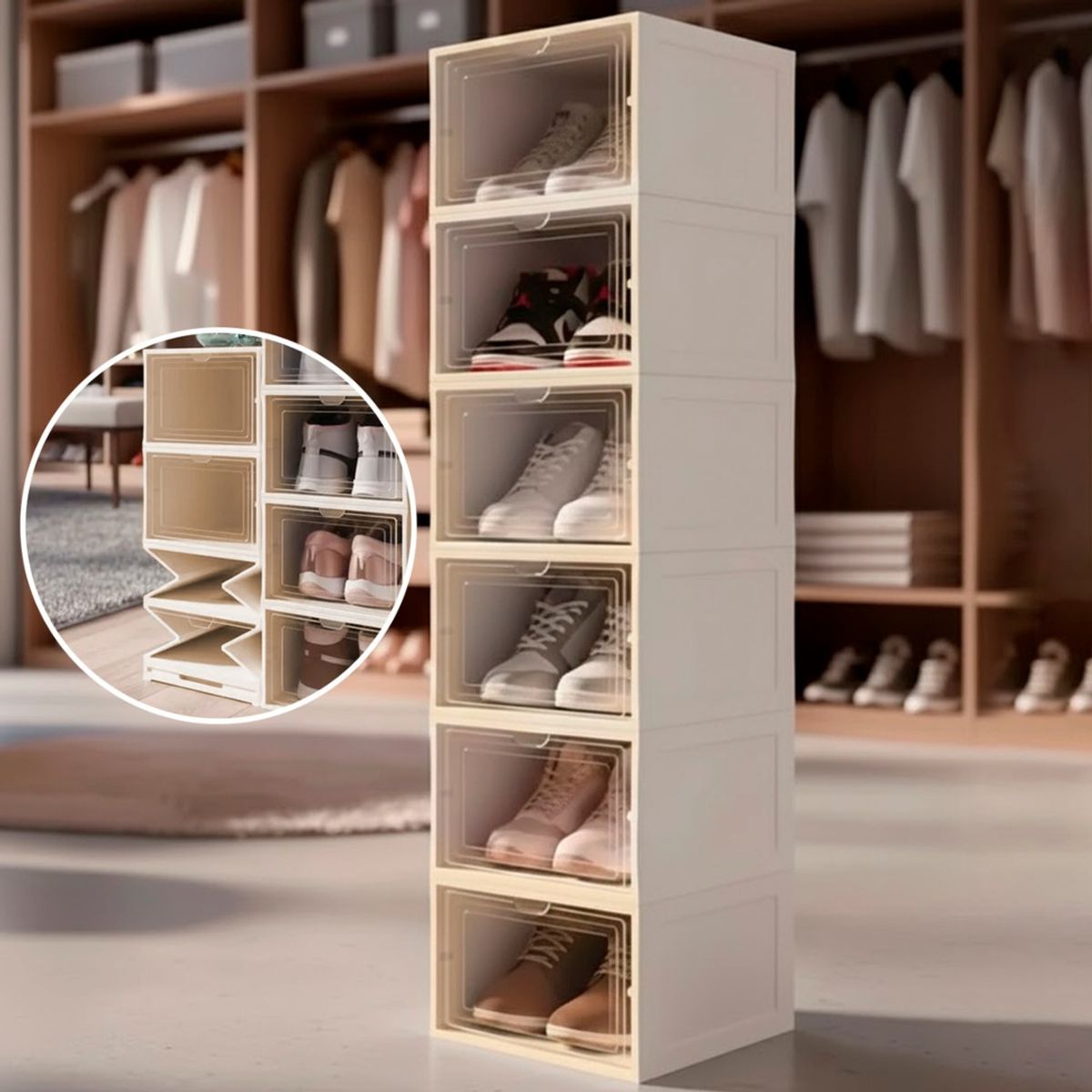 HOMEBRANDT - Zapatera Plegable Organizadora 6 Niveles Transparente Beige
