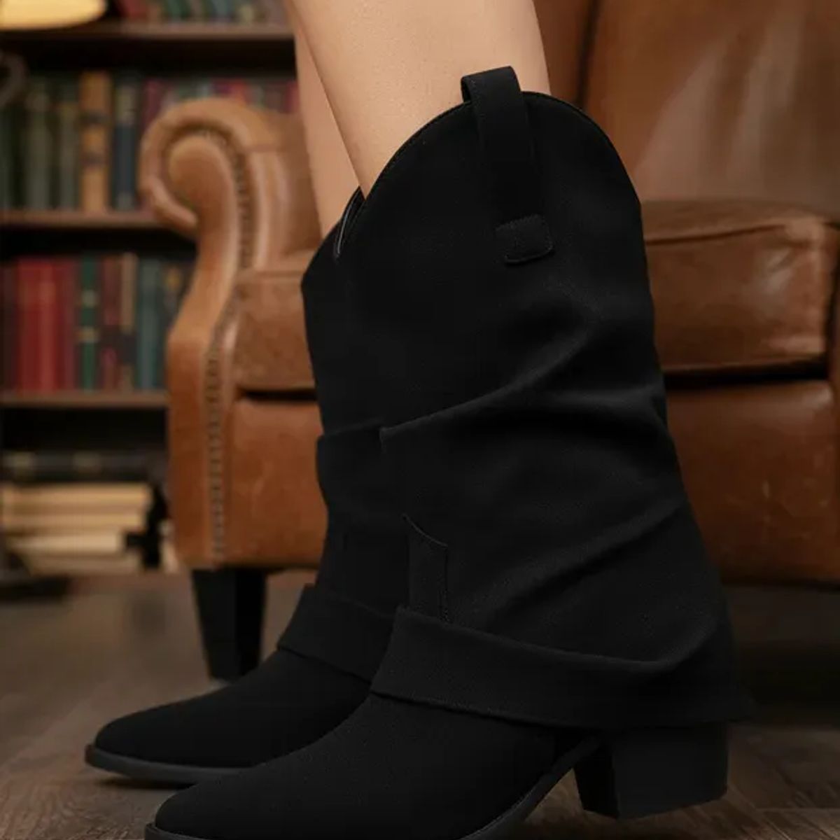 BOVINITA - Bota Mujer Texano Negra Cowboy Caña Media Punta Fina Texana