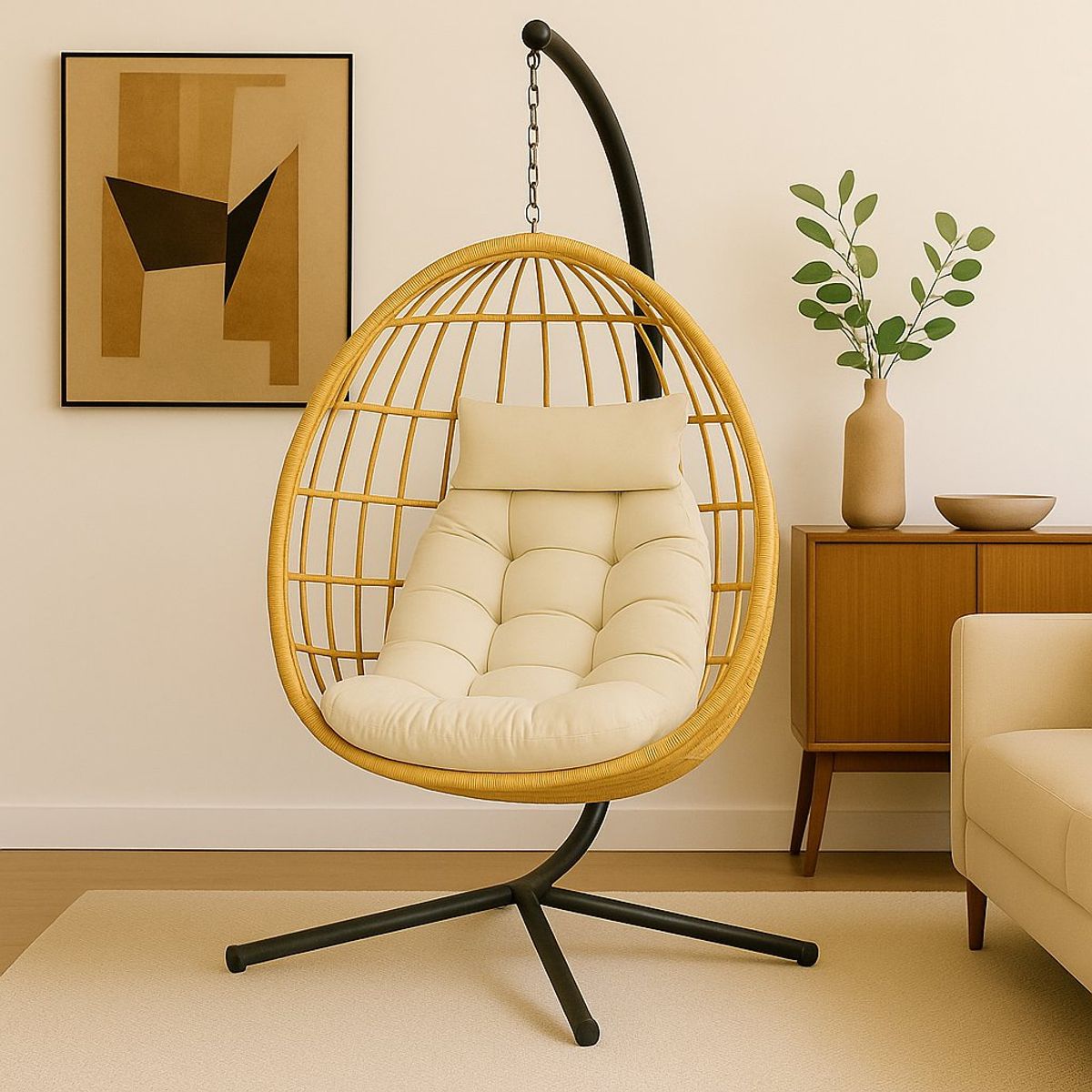 SPACE HOME - Reposera Colgante de Ratán Beige  Diseño Premium para Interior y Exterior