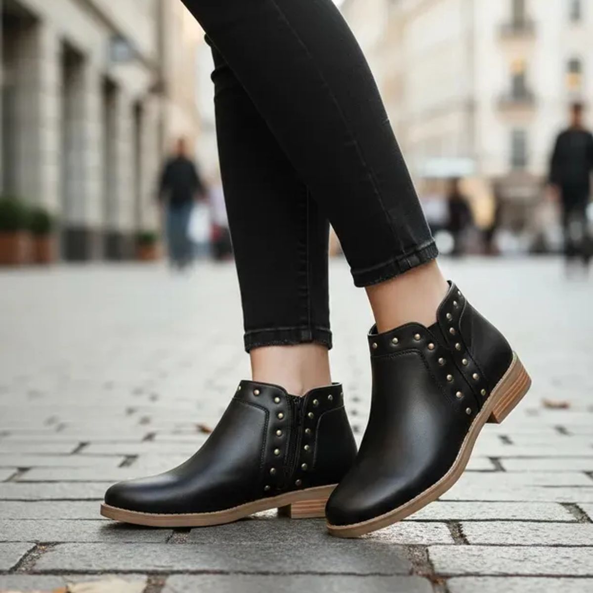 BOVINITA - Botín Mujer Negro Bajo Con Tachas Casual Cómodo Verano