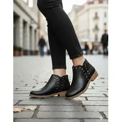 BOVINITA - Botín Mujer Negro Bajo Con Tachas Casual Cómodo Verano