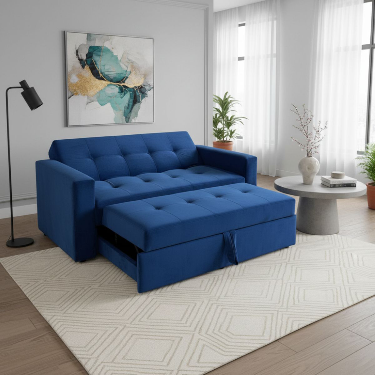 MUEBLES NEW - SOFA CAMA NOVUS TRES POSICIONES AZUL FELPA