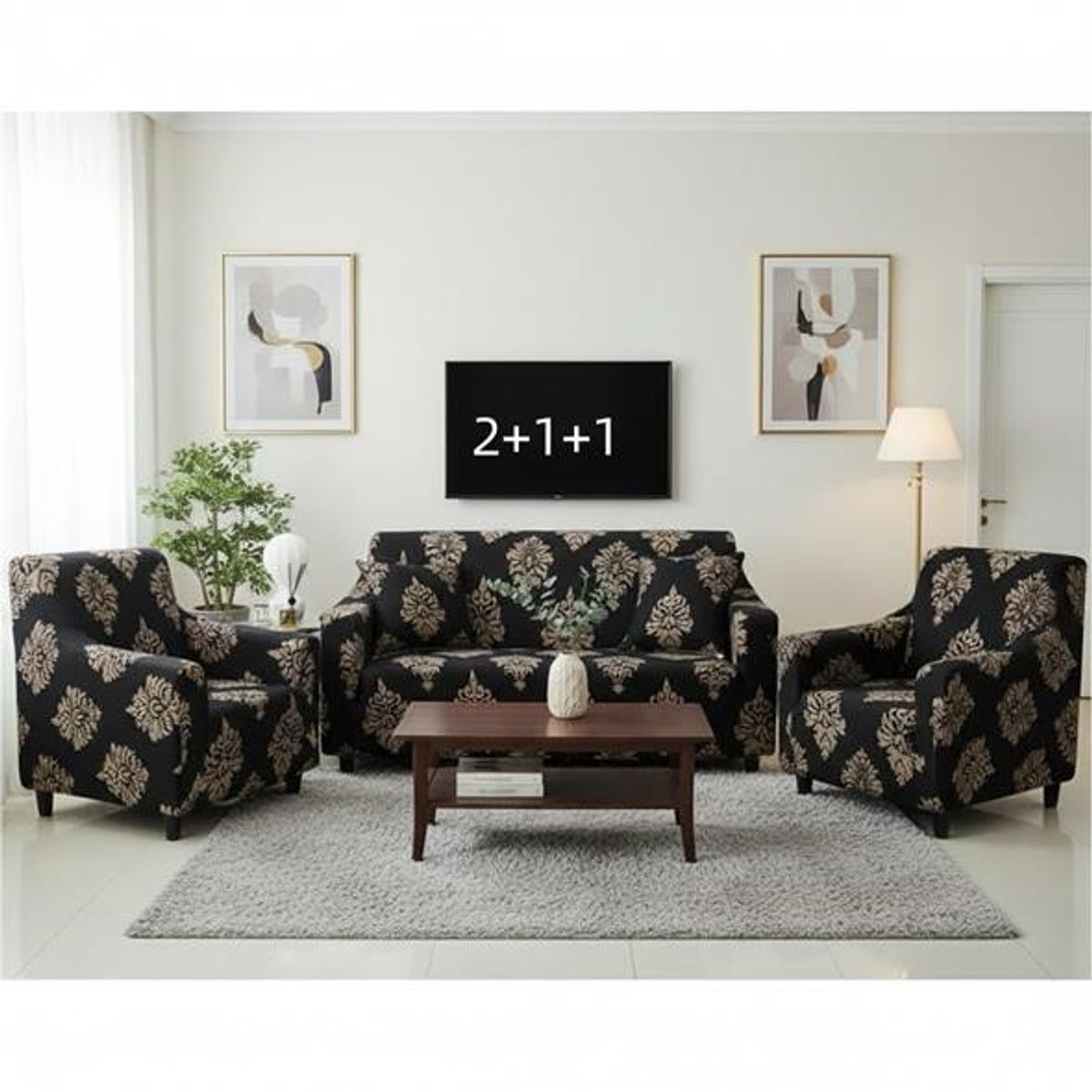 GENERICO - SET DE CUBRE SILLONES 2+1+1 TELA LISA CON DISEÑO