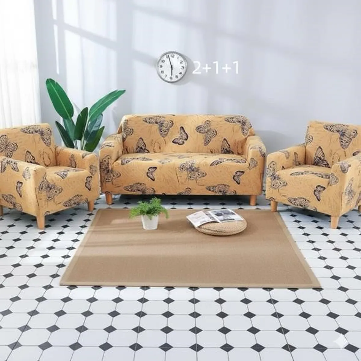GENERICO - SET DE CUBRE SILLONES 2+1+1 TELA LISA CON DISEÑO