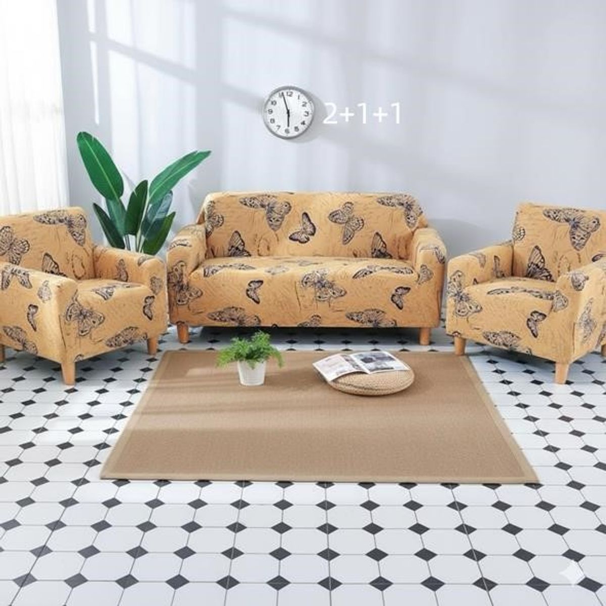 GENERICO - SET DE CUBRE SILLONES 2+1+1 TELA LISA CON DISEÑO
