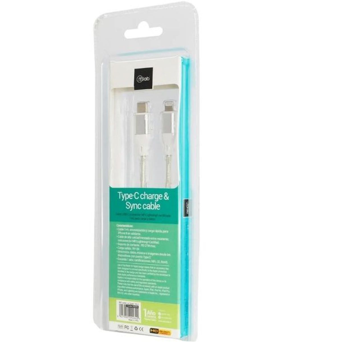 MLAB - Cable Certificado Lightning a Type C Silver 9264 Cable Mallado Resistente Mlab