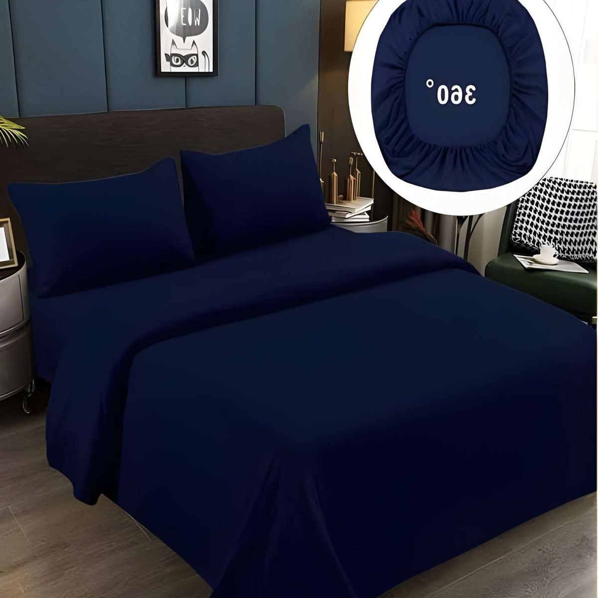 GENERICO - JUEGO DE SABANAS DE 500 HILOS 2 PLAZAS AZUL OSCURO