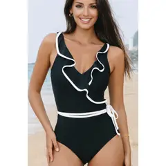 GLORIAHOON - Traje de baño Shape Control vuelos escote cruzado