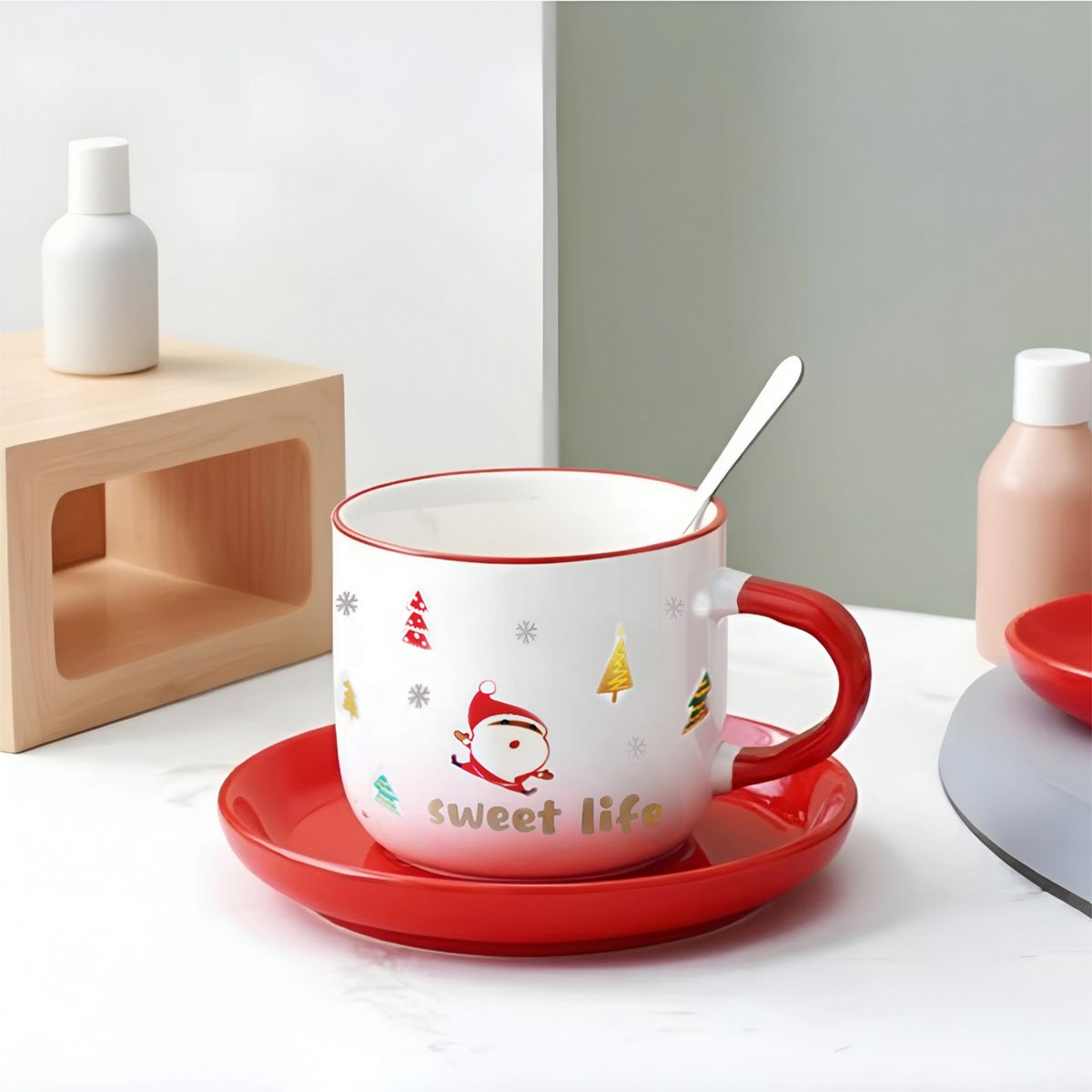 GENERICO - Taza De Navidad Con Plato Y Cuchara Taza Té Cafe Santa Claus