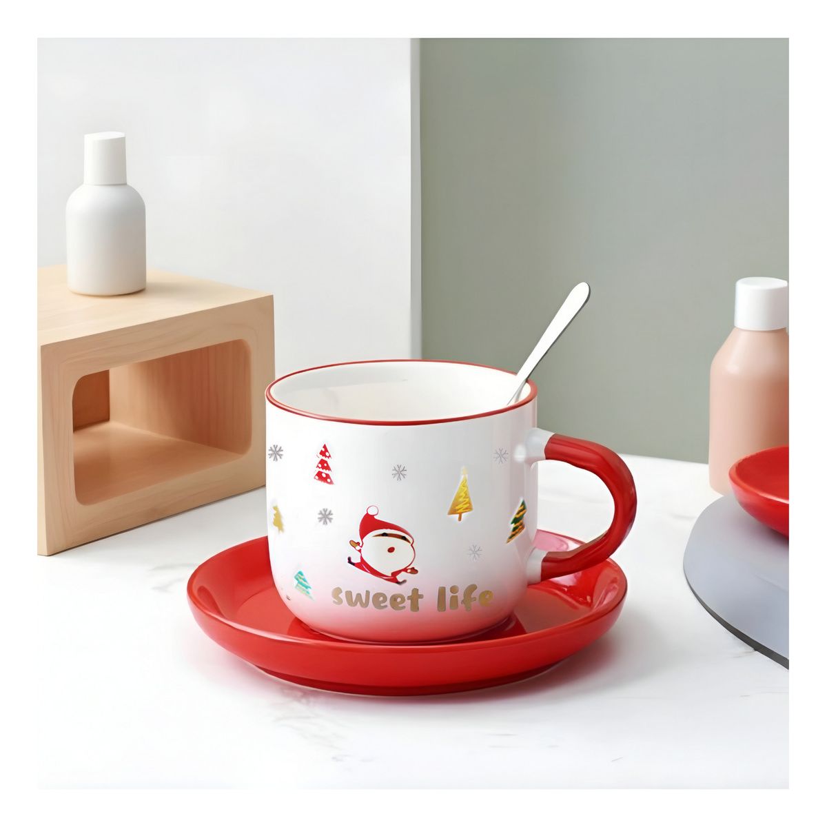 GENERICO - Taza De Navidad Con Plato Y Cuchara Taza Té Cafe Santa Claus