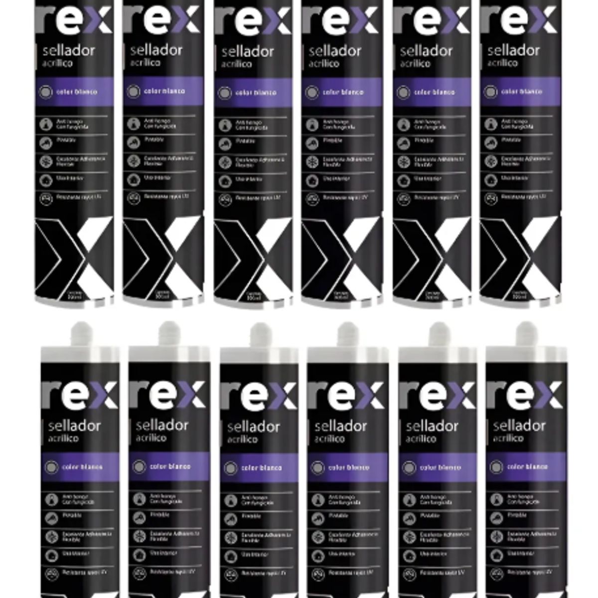 REX - Silicona Sellador Acrílico Blanco 300 Ml. Rex 12 Unidades