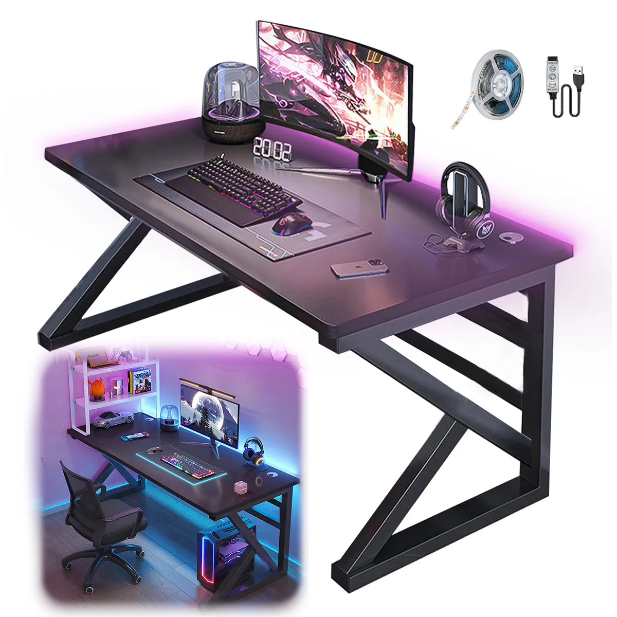 WUWAWDOGA - Escritorio Gamer Profesional K Mesa Negro 140x74x60 Cm Rgb
