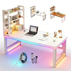 WUWAWDOGA - Escritorio Gamer L Con Estante 2 Niveles Y Tabla De Agujeros 120cm Blanco