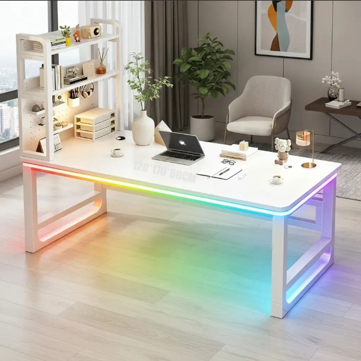 WUWAWDOGA - Escritorio Gamer L Con Estante 2 Niveles Y Tabla De Agujeros 120cm Blanco