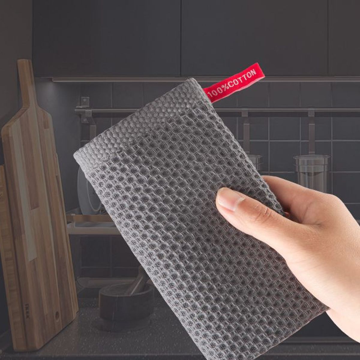 KINDA NICE - Pack 3 Paños Cocina Algodón Engrosada Honeycomb Toallas Negro