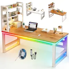 WUWAWDOGA - Escritorio Gamer L Con Estante 2 Niveles Y Tabla De Agujeros 140cm Marrón