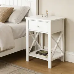 ELEMENT DESIGN - Velador 40x30x58cm Blanco 1 Cajón Industrial MDF Mesas Laterales