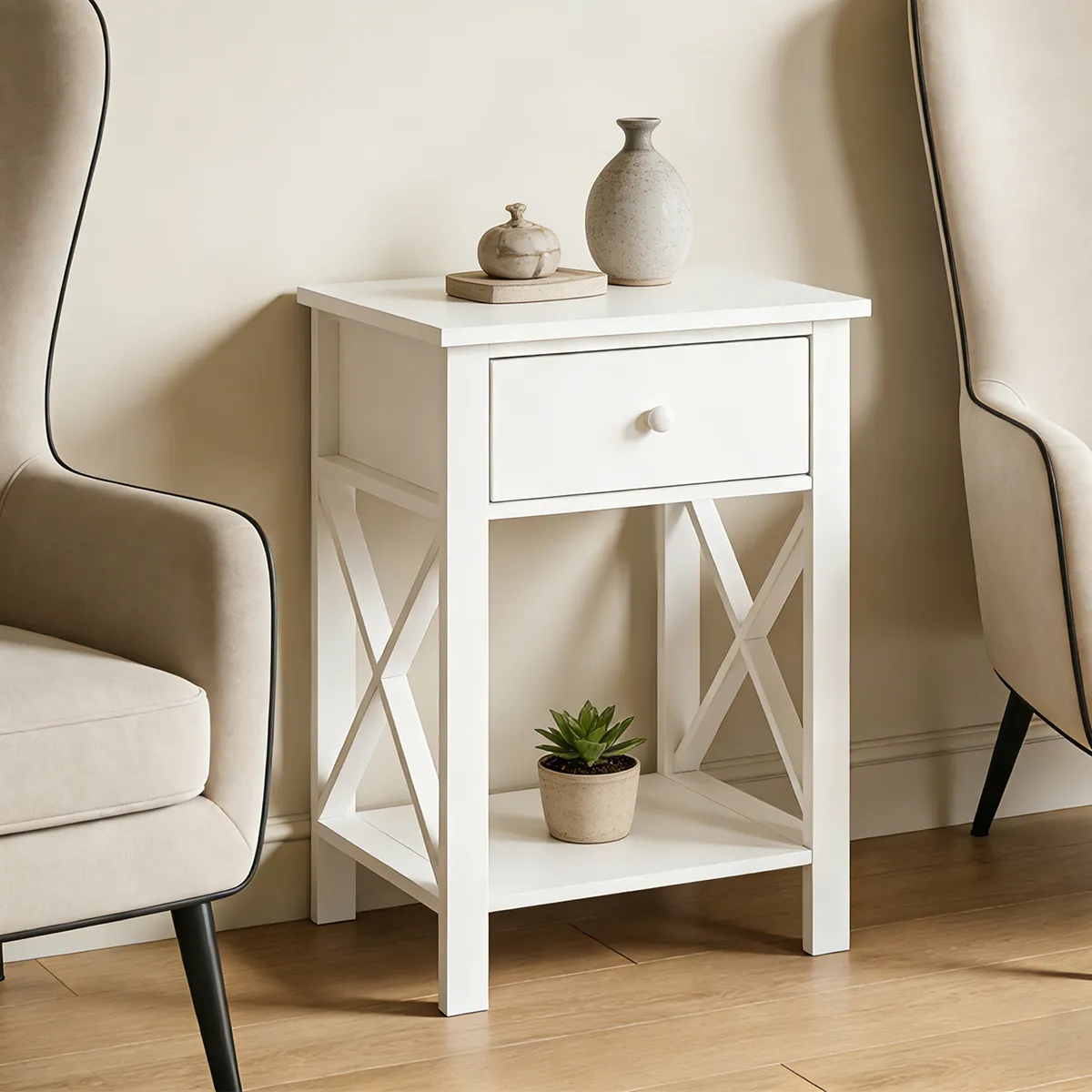 ELEMENT DESIGN - Velador 40x30x58cm Blanco 1 Cajón Industrial MDF Mesas Laterales