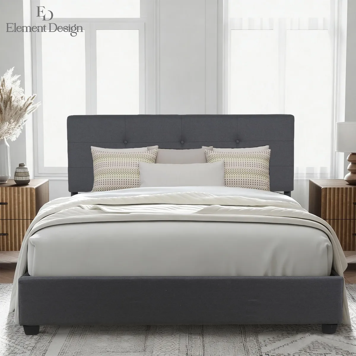 ELEMENT DESIGN - Base de Cama con Respaldo Acolchado 2 Plazas Gris Moderno