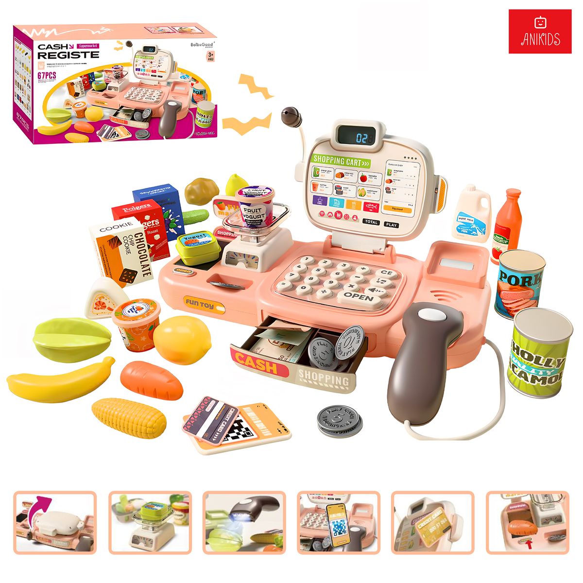 ANIKIDS - Caja Registradora Infantil Niños Juguete Didáctico 67 Piezas Rosado