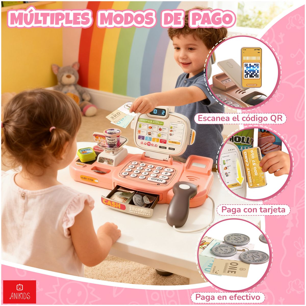 ANIKIDS - Caja Registradora Infantil Niños Juguete Didáctico 67 Piezas Rosado