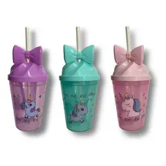 GENERICO - Vasos con Tapa y Pajilla Diseño Unicornio Plástico Colores Pastel