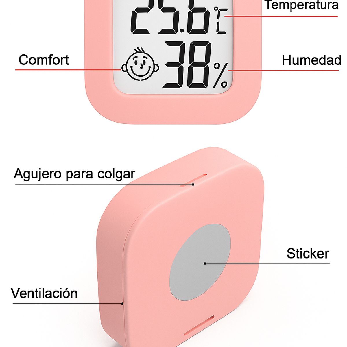 LLEGO UNO - Termómetro Higrómetro Digital Ambiente Bebe Temperatura Rosa